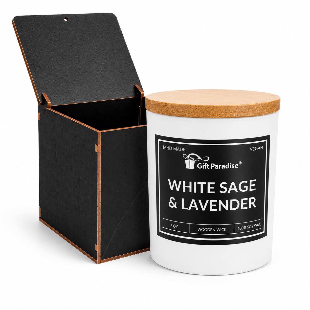 Gift Paradise® White Sage & Lavender Soy Candle 7oz – Relaxing Aromatherapy Scented Candle with Wooden Wick, Bamboo Lid & Premium Gift Box