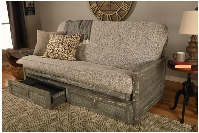 Maykoosh Country Cottage Weathered Gray Finish Futon Frame Set with Mattress, Solid Hardwood Construction, Converts to Standard Full Size Bed, 79" L x 37" D x 33" H Gray/with Drawers