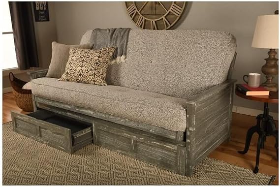 HomeStock Full Size Futon Frame with Storage Drawers, Weathered Finish Sofa Bed 79 Gray/Weathered Gray