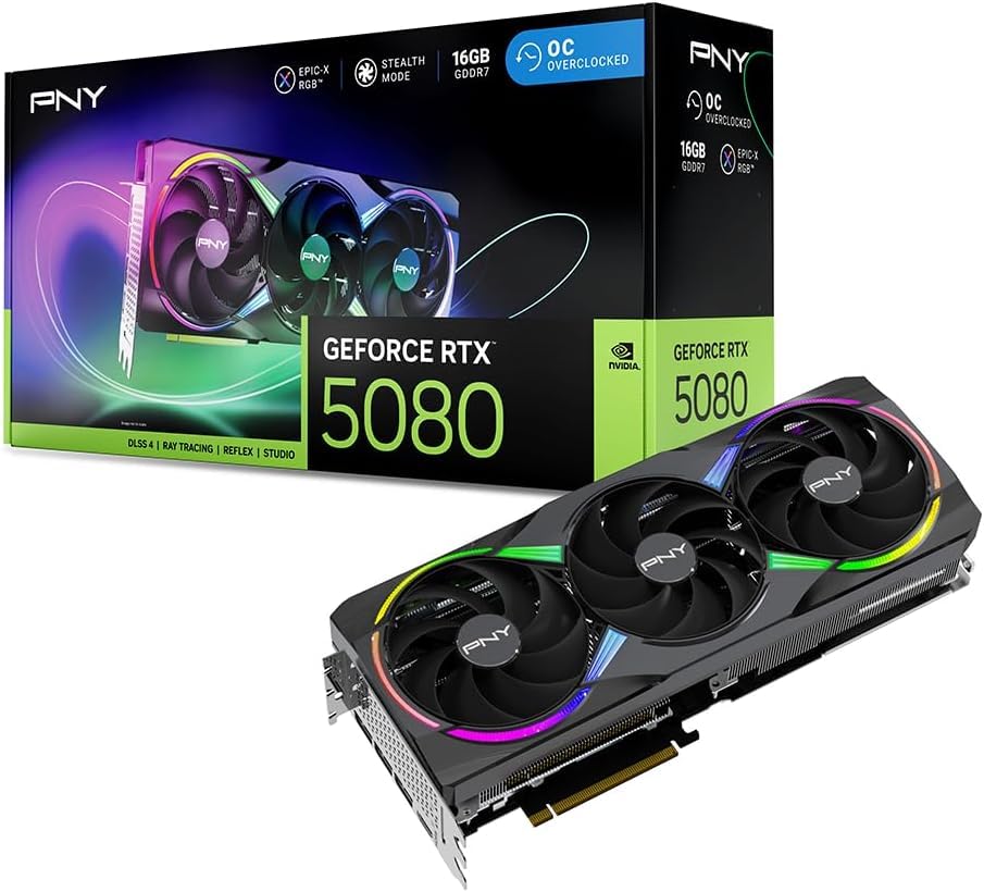 SamLng PNY NVIDIA GeForce RTX 5080 Epic-X ARGB OC Triple Fan Graphics Card (16GB GDDR7 256-bit Boost Speed: 2775 MHz PCIe 5.0 HDMI/DP 2.1 2.99-Slot NVIDIA Blackwell Architecture DLSS 4)