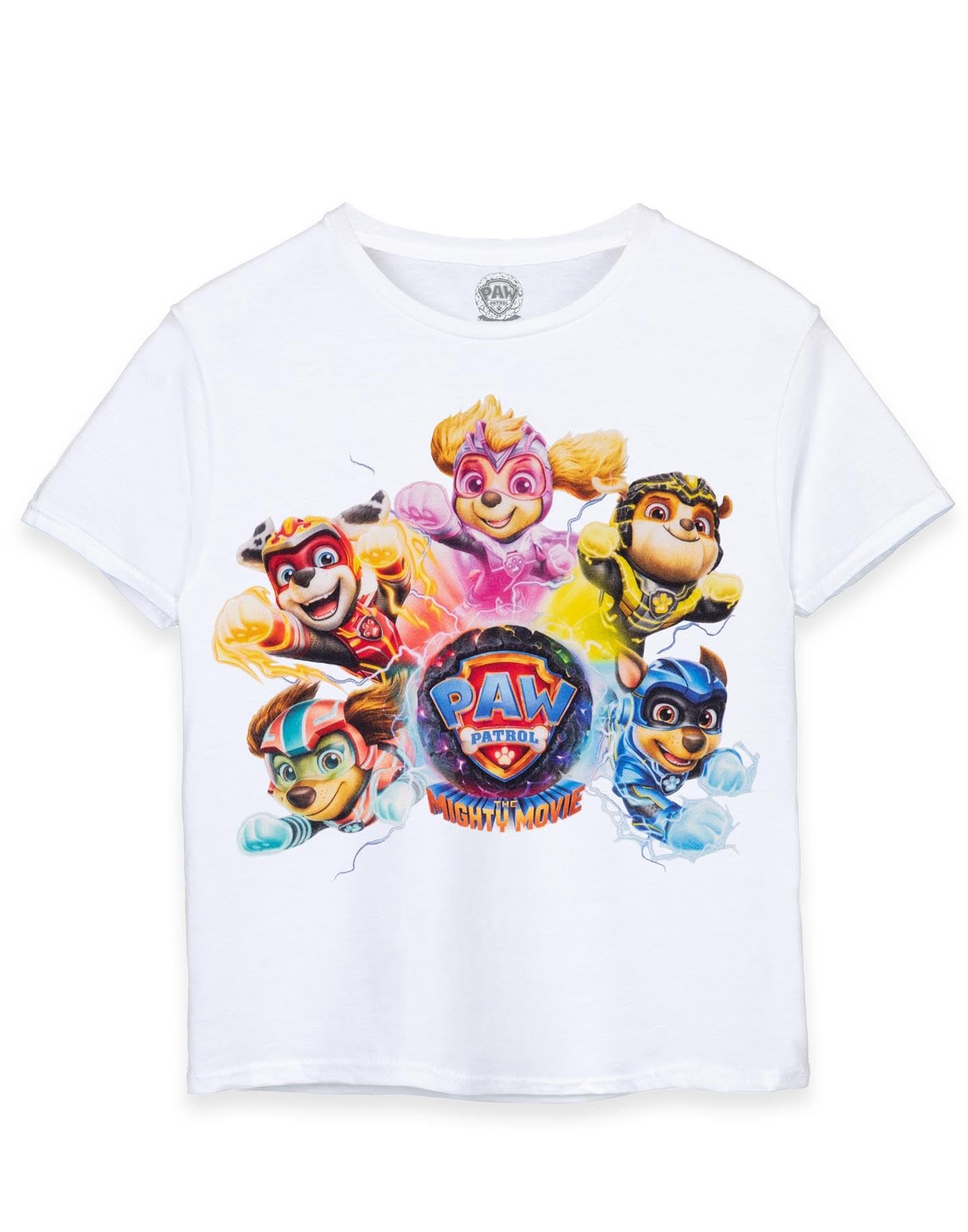 Paw Patrol The Mighty Movie Boys T-Shirt | White Short Sleeve Lightweight Kids Mighty Pups Graphic Tee | Chase Marshall Rubble Skye Liberty Superpowers Top | Superhero Merchandise Gift for Children