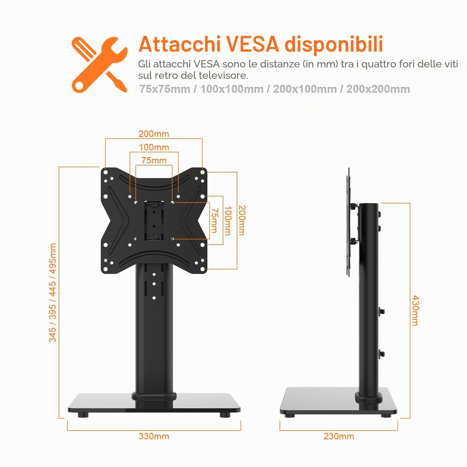 GRIFEMA GB1005-2 Supporto TV da Tavolo 17-43 Pollici Girevole Regolabile in Altezza Base in Vetro Temperato Fino a 30 kg Vesa 200x200mm