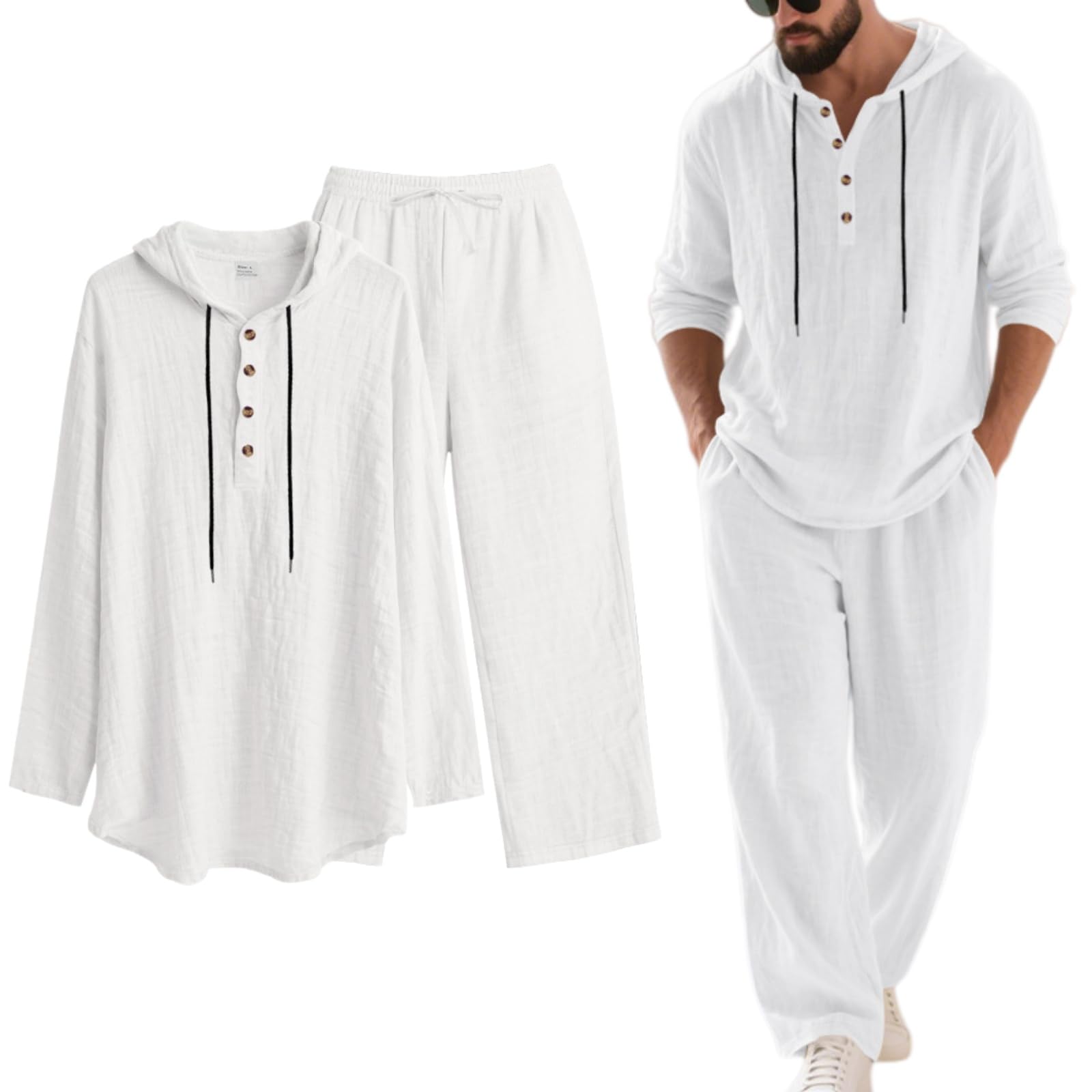 Hausgute Herren Kapuze Casual Loose Top & Hose 2-teiliges Set Leinenmischung Freizeitanzug Langarm Hoodie mit Knopfleiste Jogginghose Kordelzug Taschen Sommer
