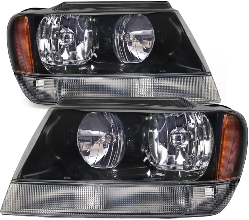 HEADLIGHTSDEPOT Black Housing Halogen Headlights Compatible With Jeep Grand Cherokee 1999-2004 Laredo w/Clear Signal Includes Left Driver and Right Passenger Side Headlamps