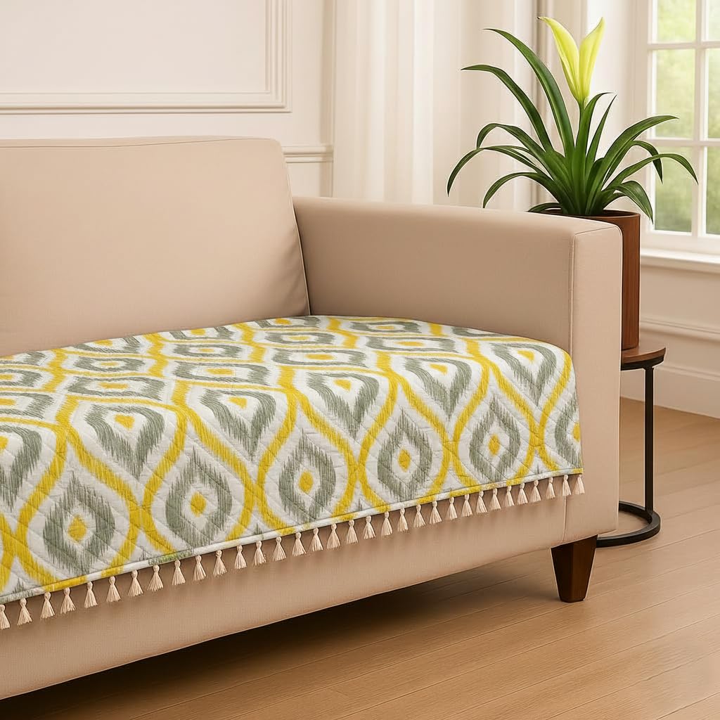 Yellow Printed Velvet 3 Seater Sofa Cover with Tassels | Quilted Anti-Slip Sofa Protector for Living Room | Washable Seat Cover for 3 Seater Couch-image-40