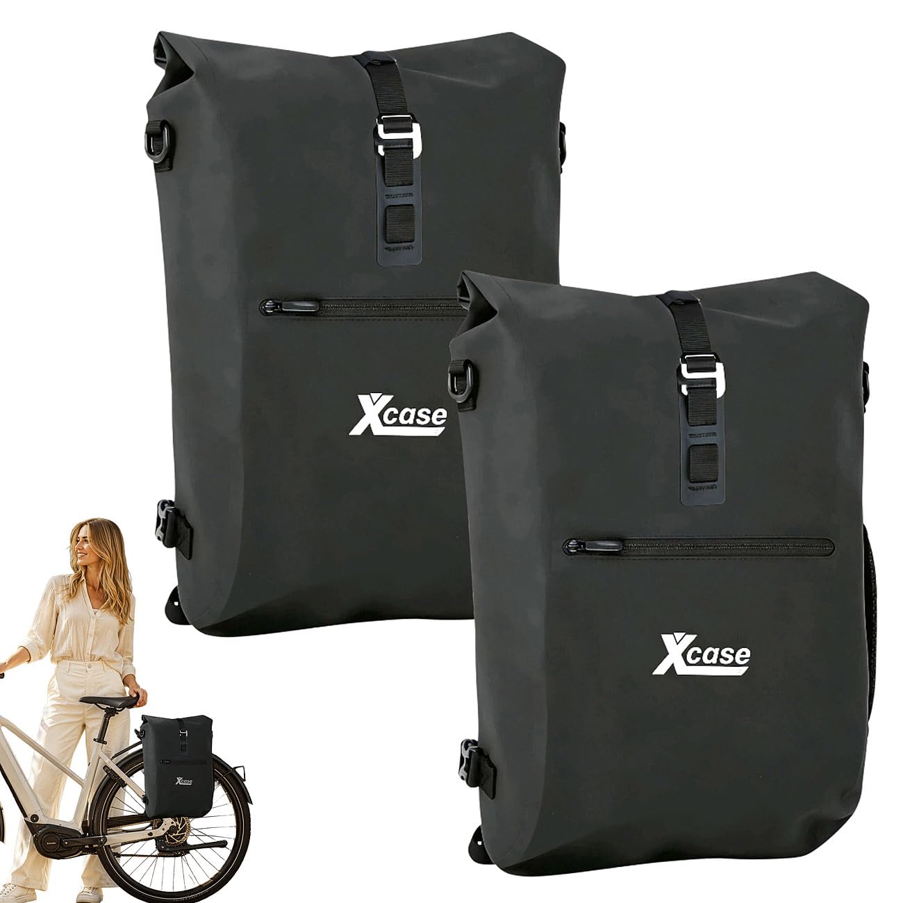 Xcase Gepäcktaschen: 2er-Set 3in1-Fahrradtaschen für Gepäckträger, wasserdicht, PVC-frei (Fahrradtasche klick-Systeme, Fahrrad Schultertaschen)