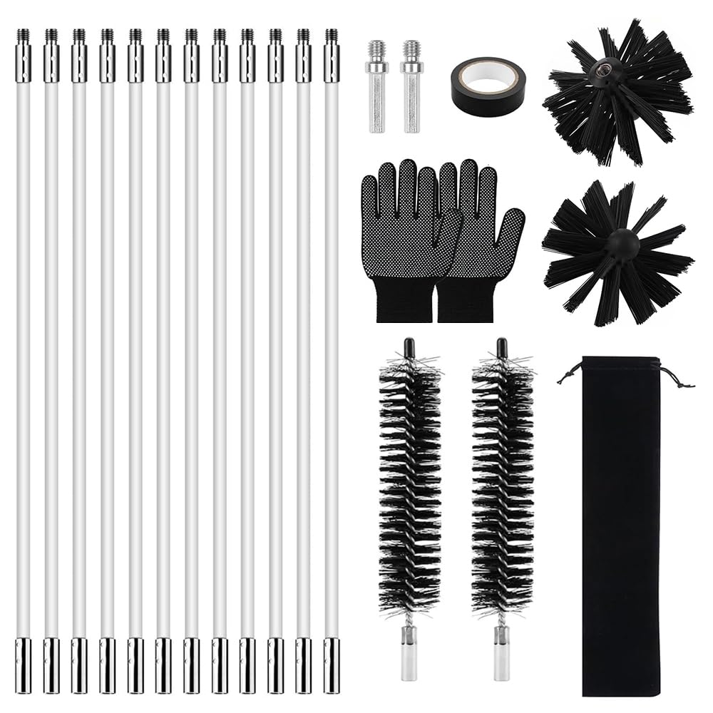RNPKZ Chimney Sweep kit, 21Pcs Chimney Cleaning Brush Kit with 12 Flexible Rods, 2 Brush Heads, 2 Dryer Lint Brush & Accessories, Duct Vent Cleaning Set for Chimney Hood Ducts Dryer Vents Sewage Pipe