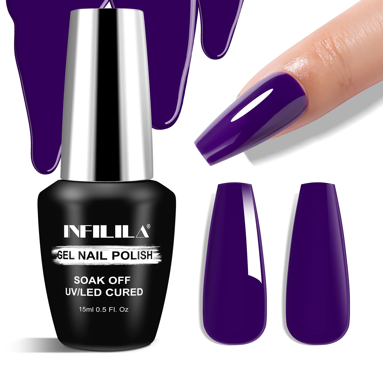 NXJ INFILILA Dark Purple Gel Nail Polish, 15ml Purple UV LED Gel Polish One-Stroke Coloring, Hema Free Lavender Color High Gloss Soak Off UV Manicure