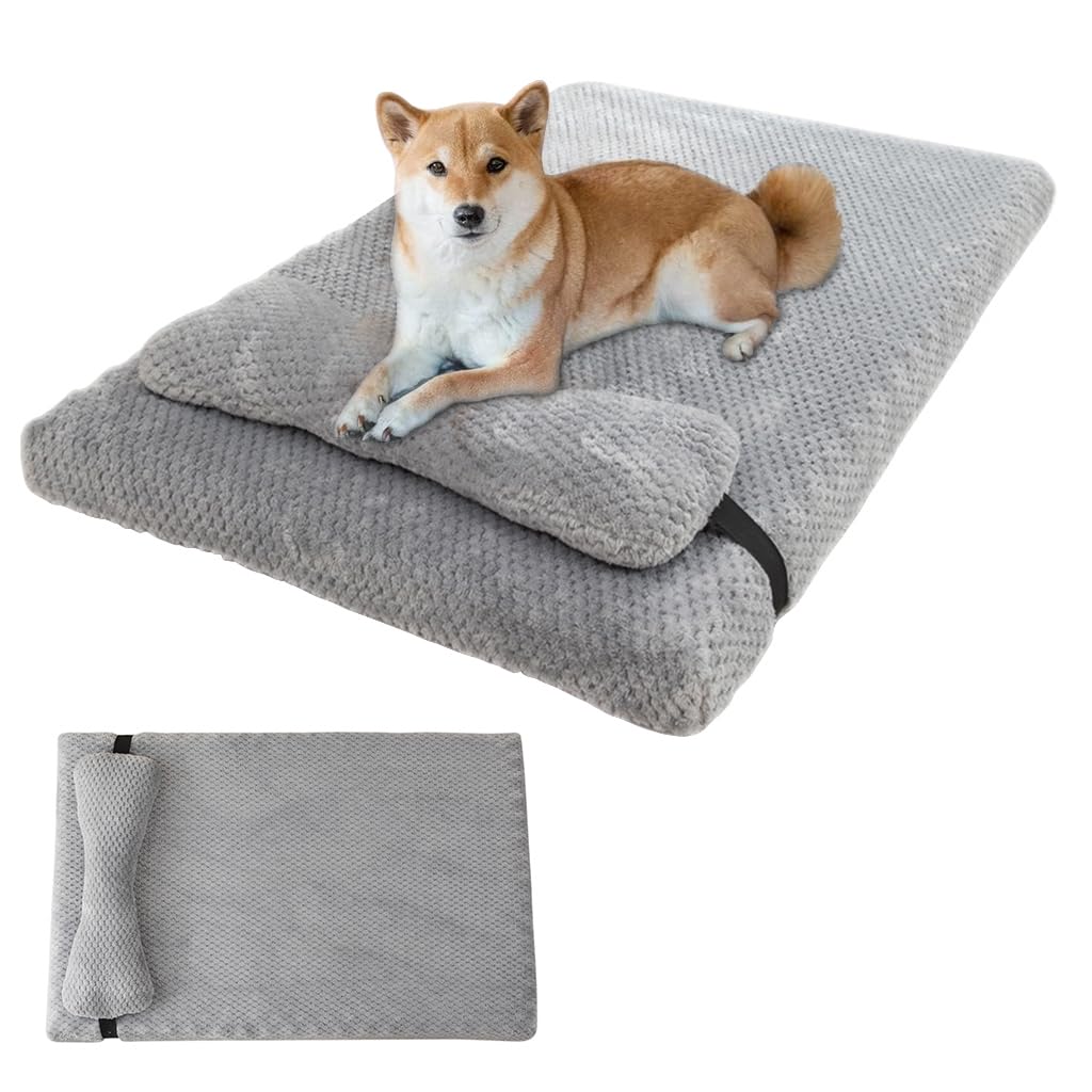 QpetsSoft Dog Bed Cat Bed 27.5x19.6 inches Memory Foam Cushion Mat with Long Pillow Thickens Warm Winter Cushion Mat Pets Bed for Cats Dogs Anti-slip Cushion Mat for Cats Dogs