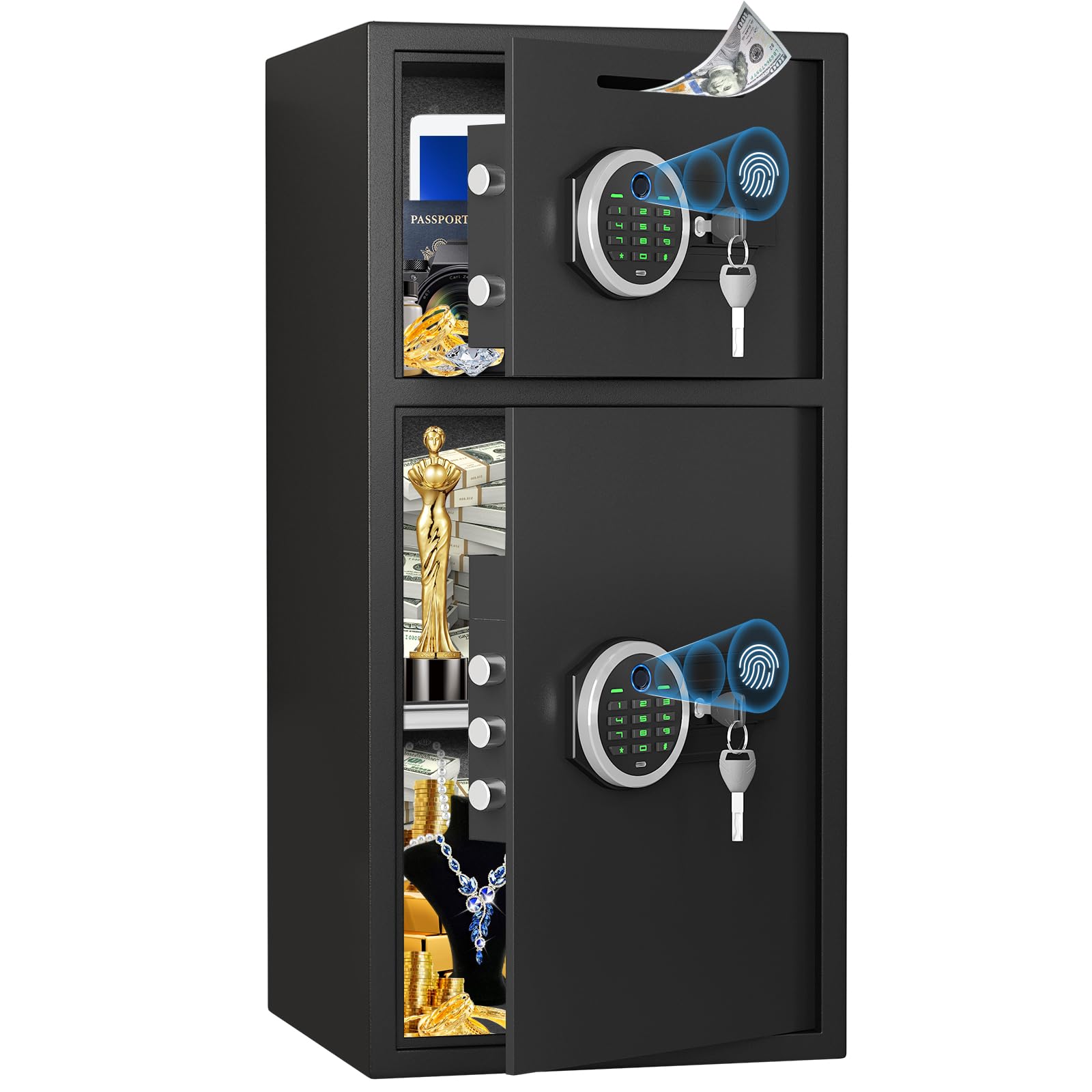 7.0 Cuft Extra Large Home Safe Box Fireproof Waterproof, Fingerprint Safe, Home Security Safes Box with Adjustable Shelf &amp; Drop Slot, Money Safes with Backlit Keypad &amp; Dual Alarm for Office