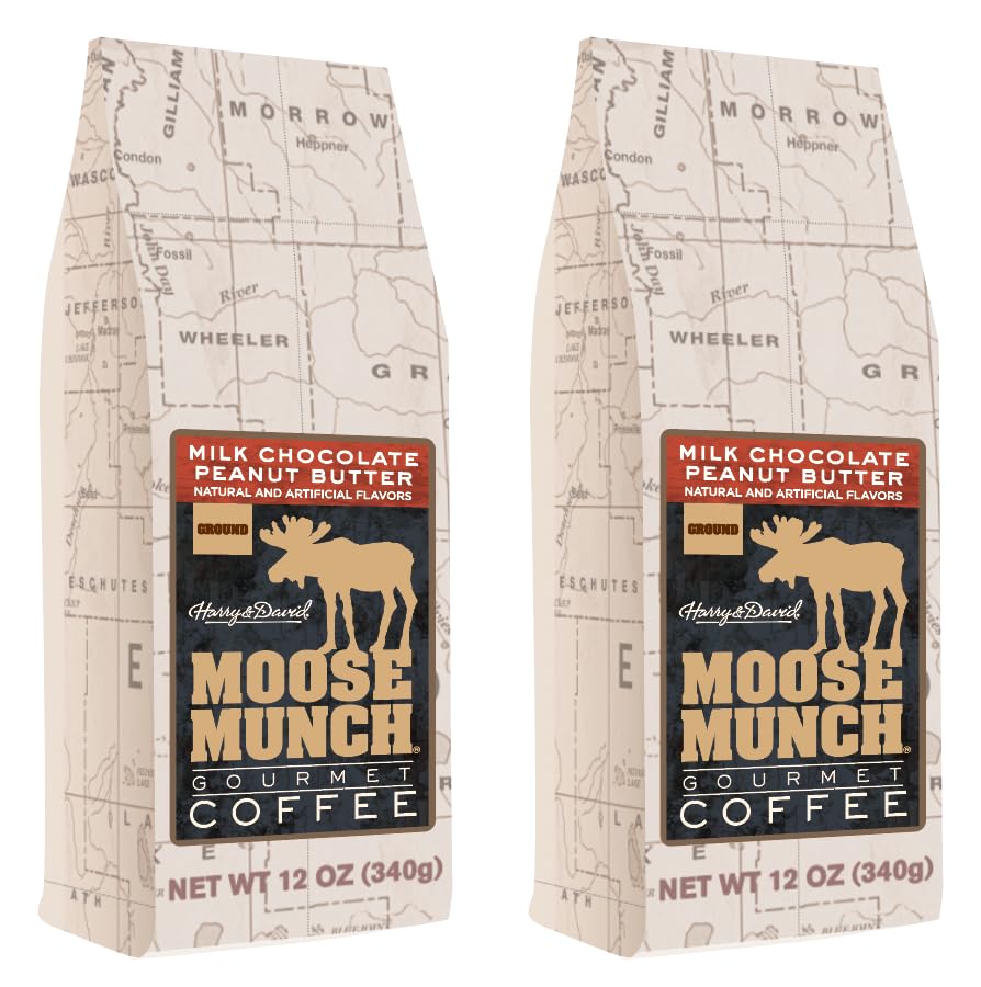 Moose Munch Milk Chocolate Peanut Butter Ground Coffee – 2 Pack, 12 oz Bags – Chocolate & Peanut Butter Dessert-Inspired Flavored Coffee