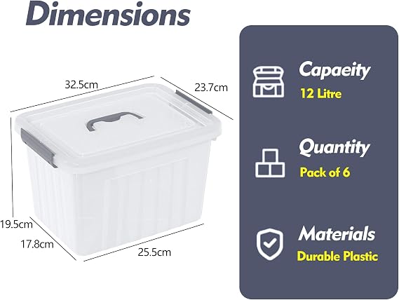 Set of 6 Plastic Storage Box with lid, 12 Liter Clear Latch Bin with Lid