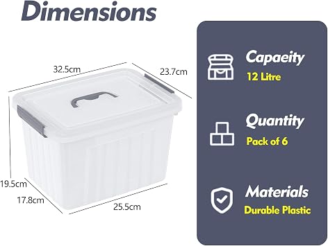 Set of 6 Plastic Storage Box with lid, 12 Liter Clear Latch Bin with Lid