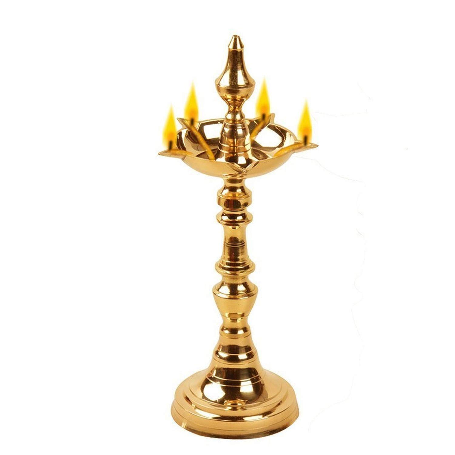 Pure Brass Original Traditional South Fancy Kerela Samay Diya Oil Diwali Puja Lamp, Kuthuvilakku Golden Kuthu Vilakku Ornamental Lamp (Straight Top, 10 Inch Weight : 316 Grams)