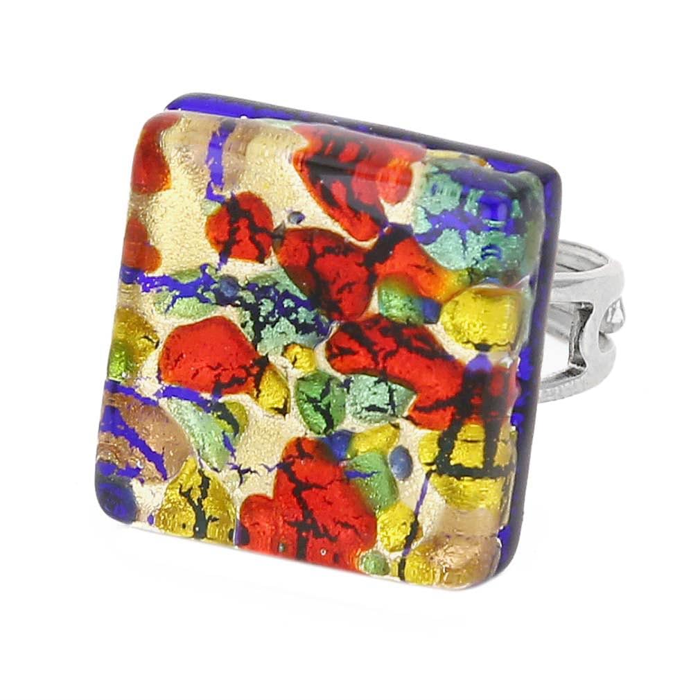 Venice Murano Glass Ring - 3/4-Inch Square Adjustable Size in Gold, Red, Green; Lined with Gold Leaf - Blown Murano Glass Ring for Women - Handmade in