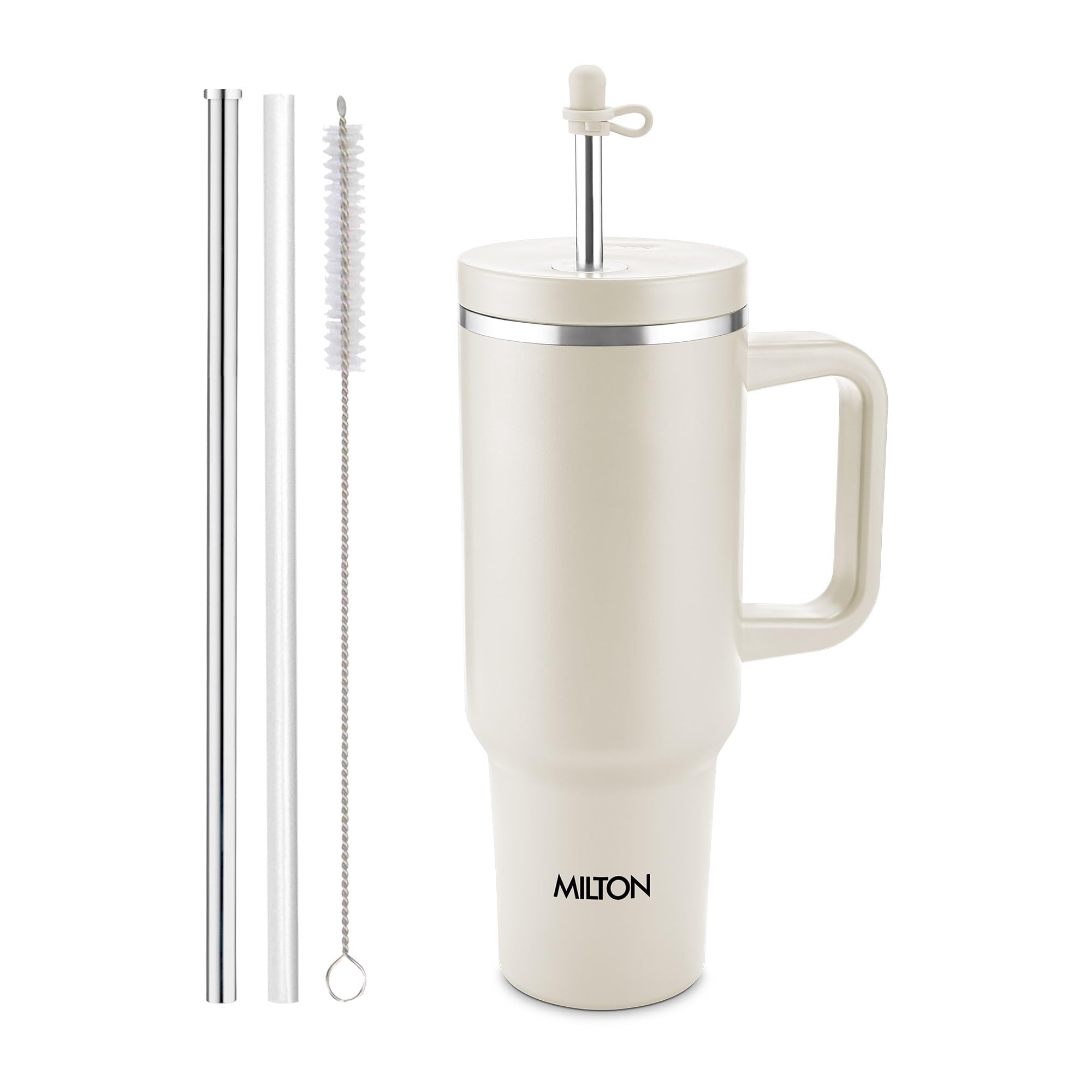 Milton My Tumbler 1200 Thermosteel Double Wall Vacuum Insulated Stainless Steel Tumbler with Handle 1100ml,Leak Proof Travel Mug with Straw,Silicon Cap Cleaning Brush, Hot & Cold Beverage Flask, Ivory