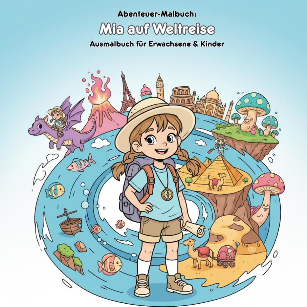 Mia auf Weltreise: Geschichte & Malbuch: Einzigartige Abenteuergeschichte mit 36 Ausmalbildern. Für Erwachsene & Kinder (21.59 x 21.59 cm). Entdecke die Welt beim Malen!