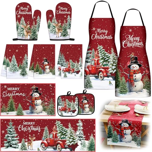 Bonuci 12 Pcs Christmas Kitchen Decoration Table Runner Kitchen Aprons Dish Towels Rugs Oven Mitts and Pot Holders Christmas Farmhouse Baking Set for Home Xmas Women Mom Gift Cooking Grilling