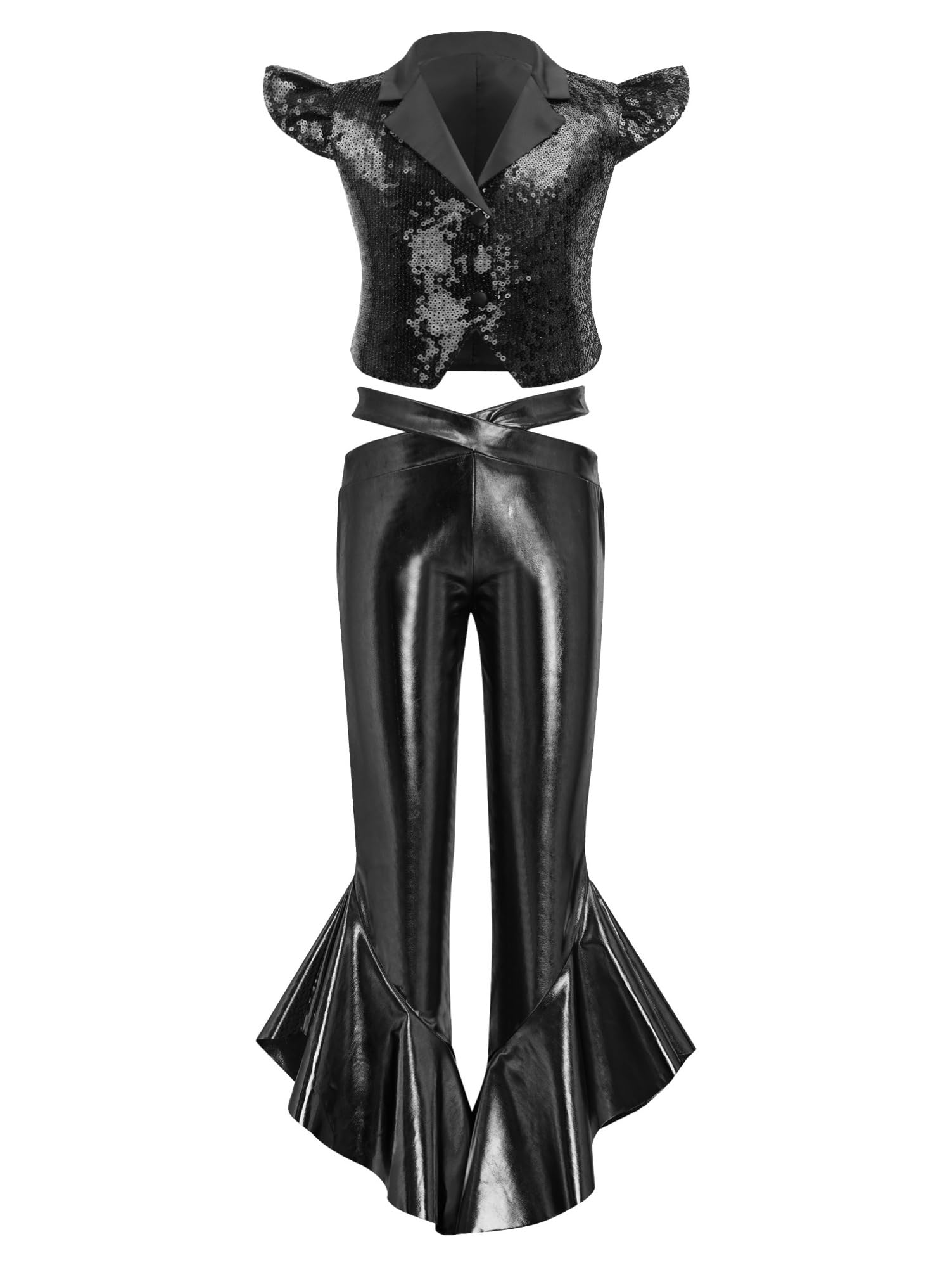 Alvivi Traje Lentejuelas de Dos Piezas Niñas Camiseta Corta y Pantalones Acampanado con Volantes Traje de Fiesta Disco y Musica Baile Jazz