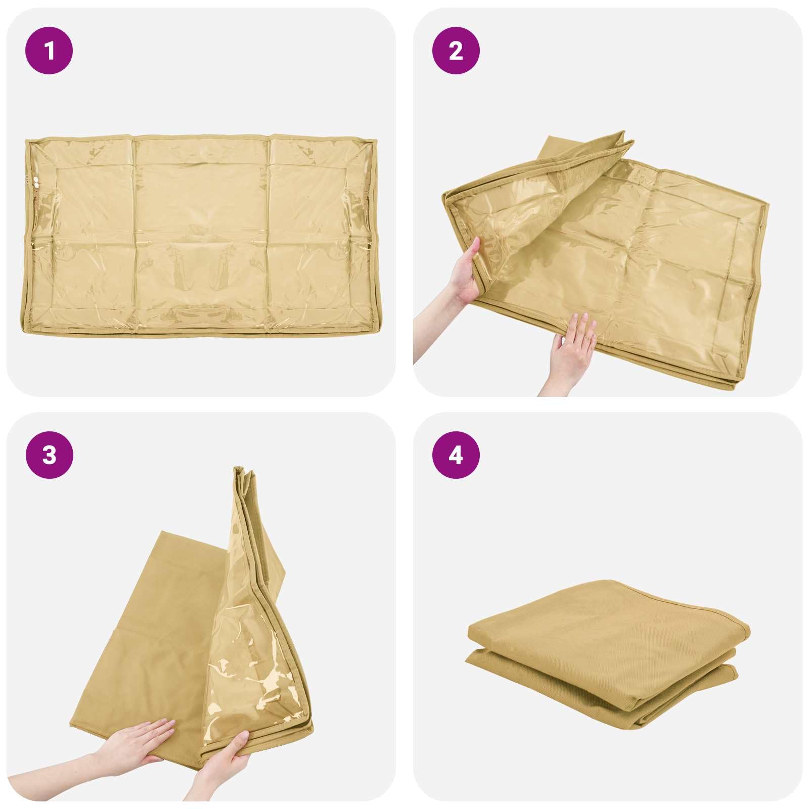 Caja de almacenamiento con ventana de PVC transparente, tela no tejida, 50 x 30 x 25 cm, juego de 2 unidades, crema para ordenar debajo de la cama, visión general transparente y extracción