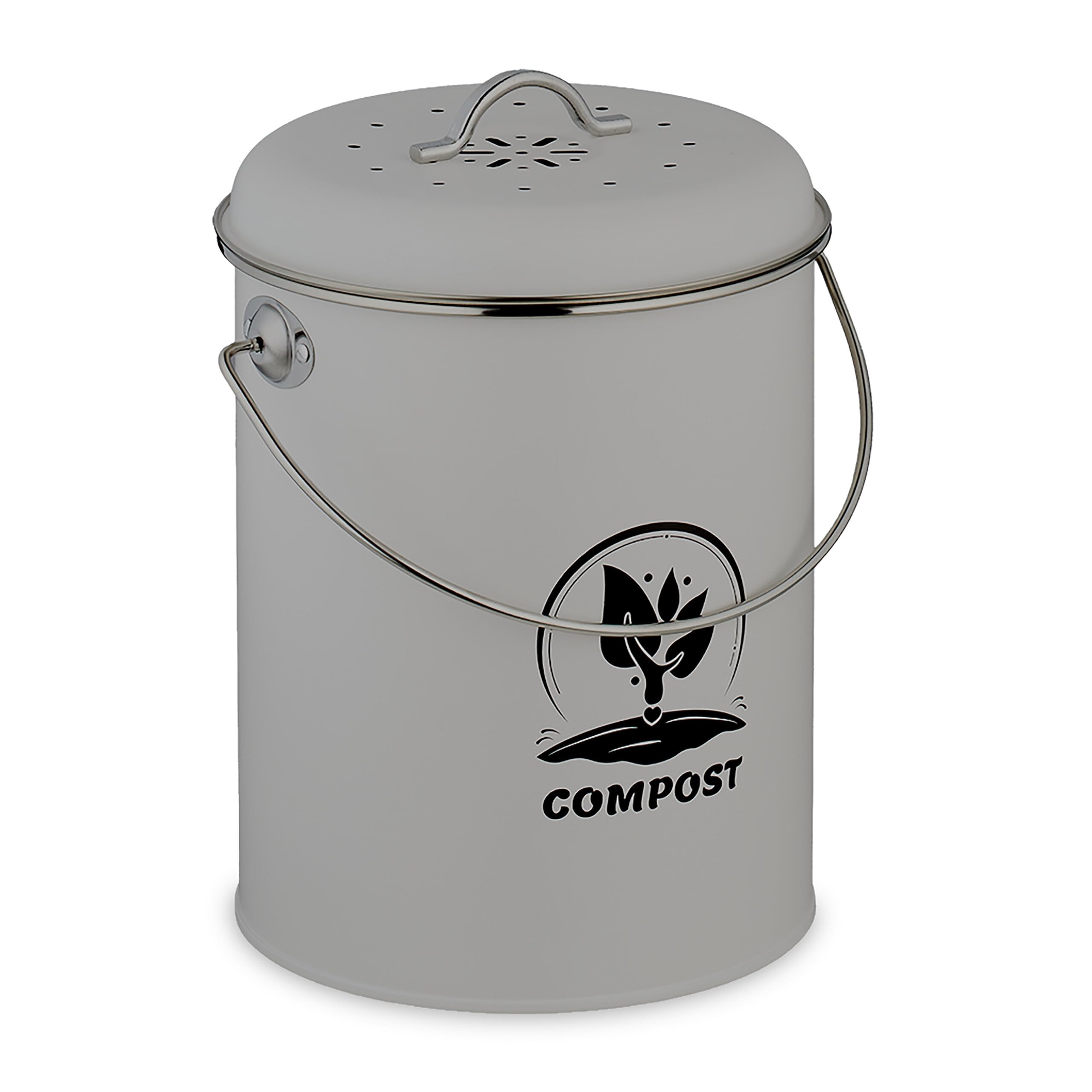 Relaxdays Kitchen Compost Bin, 5.5 Litres, Iron, Odour Filter, with Lid & Handle, Organic Food Waste Caddy, Round