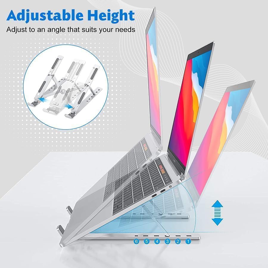 Image of Aluminum Adjustable Laptop Stand - Foldable Portable Laptop Holder with Multi-Angle Height Adjustment, Anti-Slip Cooling Design for MacBook, Notebook & All Laptops (Silver)