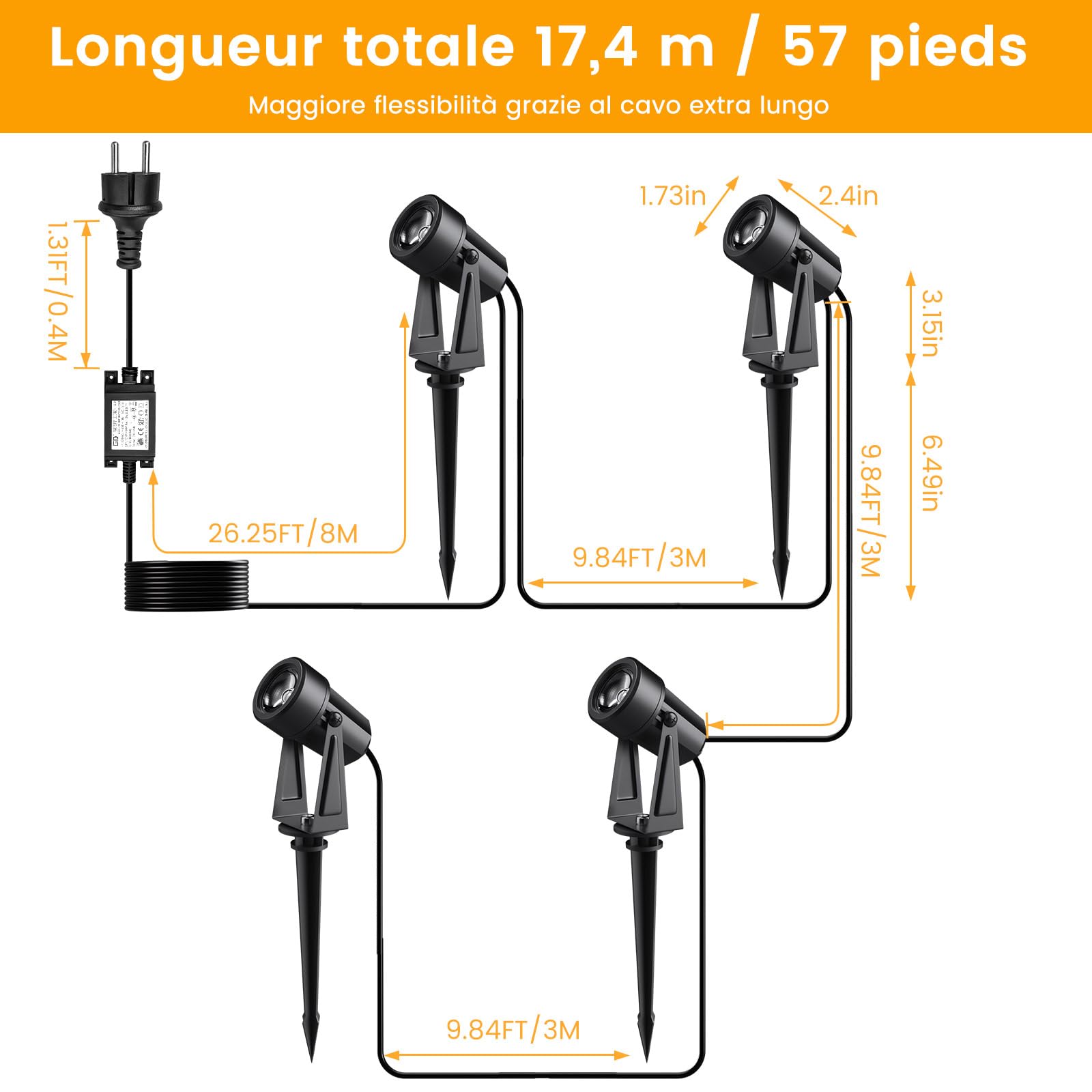 Projecteurs LED Extérieurs IP65 17M 3W*4 3000K Blanc Chaud avec Télécommande et Minuterie