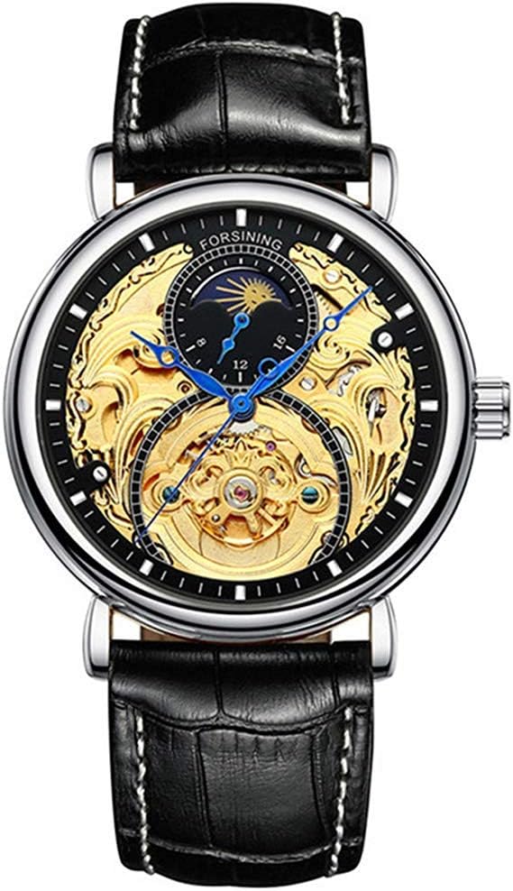 メンズ自動腕時計 24時間月相 防水 ステンレススチール レザーゴールドスケルトンウォッチ Silver -Black bezel Amazonで販売中 メンズ自動腕時計 24時間月相 防水 ステンレススチール レザーゴールドスケルトンウォッチ Silver -Black bezel Amazonで販売中