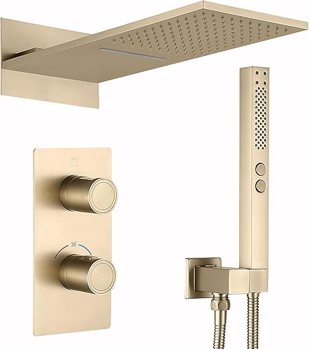 Sistema de ducha termostático dorado cepillado, juego completo de grifo de ducha de 3 funciones con cabezal de ducha de lluvia ultrafino de 22 x 9