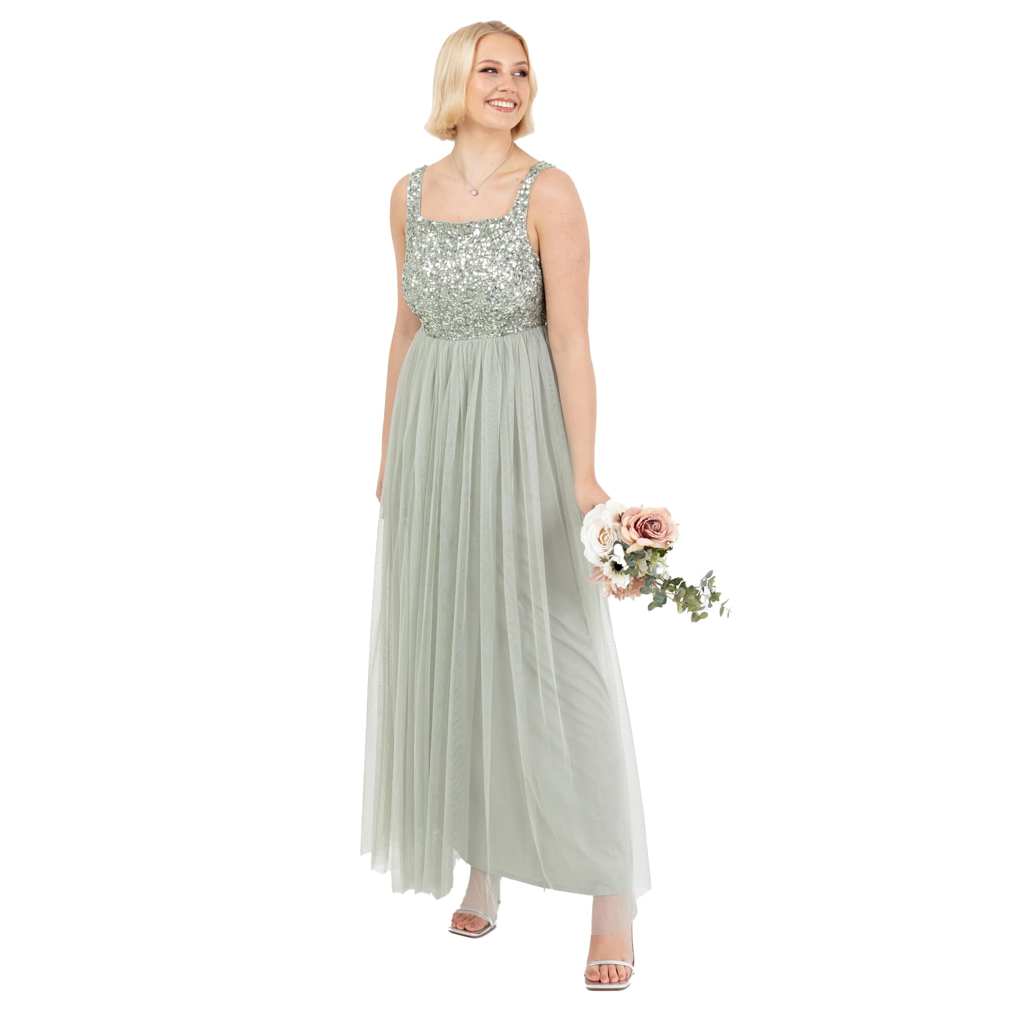 Maya Deluxe Ladies Womens Maxi Dress Wide Straps Sleevless Square Neckline Embellished For Wedding Guest Prom Vestido de Dama de Honor para Mujer