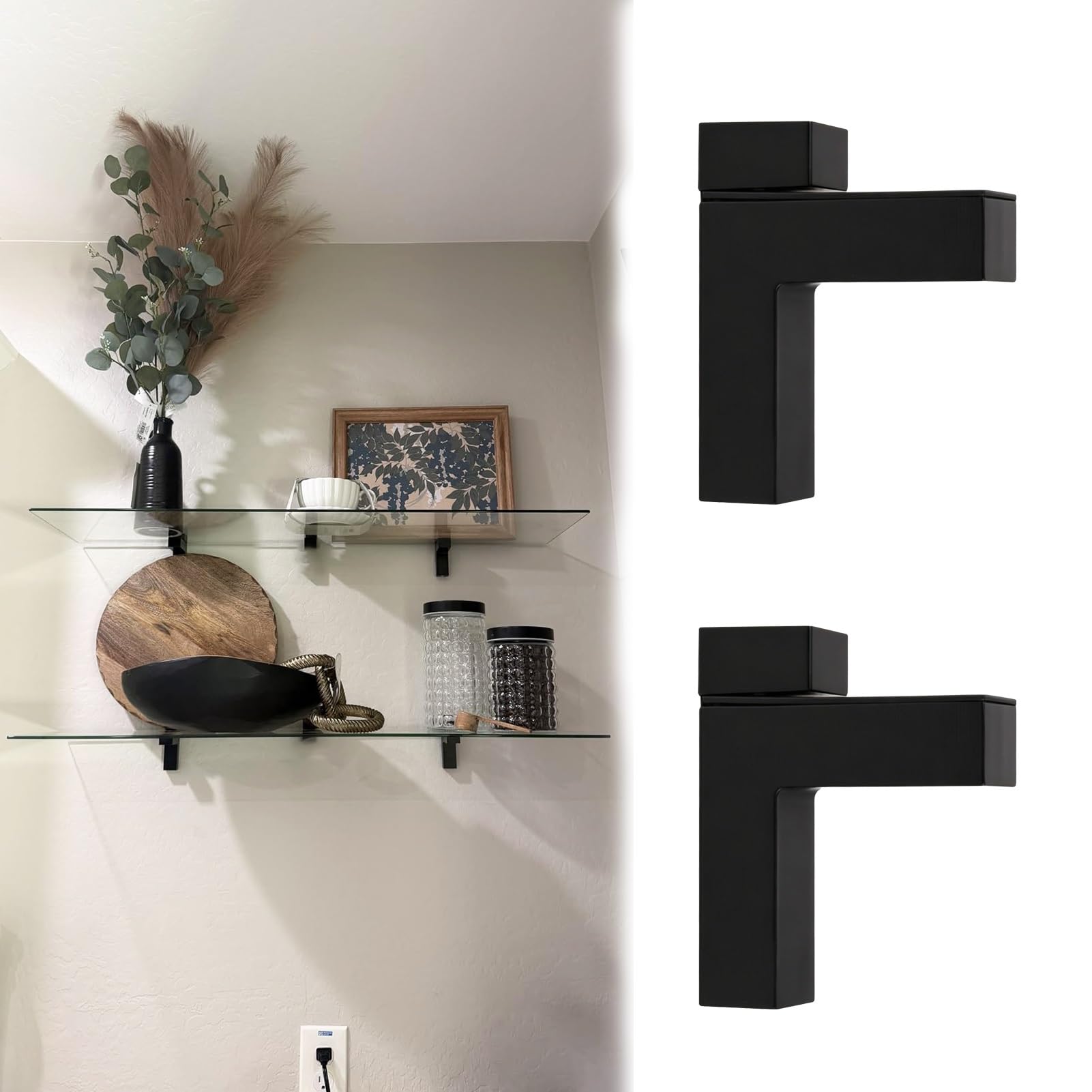 2 Pcs F-Shaped Glass Clamps for Shelving Wall Mounted, Adjustable Heavy Duty Shelf Brackets, Zinc Alloy Organization Shelves Brackets(Black)