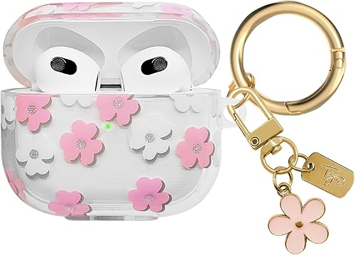 Funda compatible con AirPods 3 2021, funda de TPU suave con bonito patrón de flores para AirPods de 3 generación con llavero de flores y mosquetón