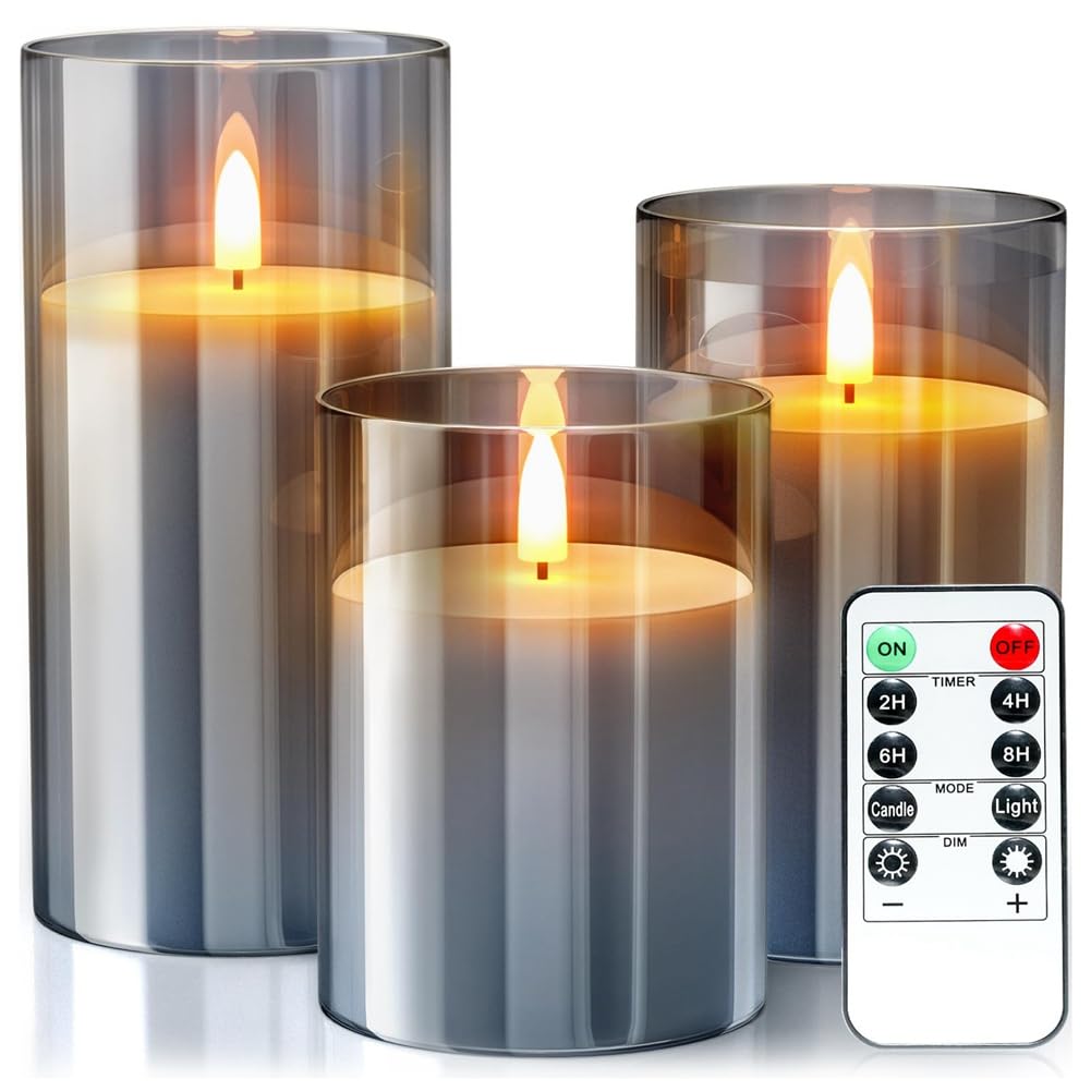sunree 1Set Flameless Candles Christmas Glass with Remote Candles LED Candles Christmas Candles Battery (Grey)