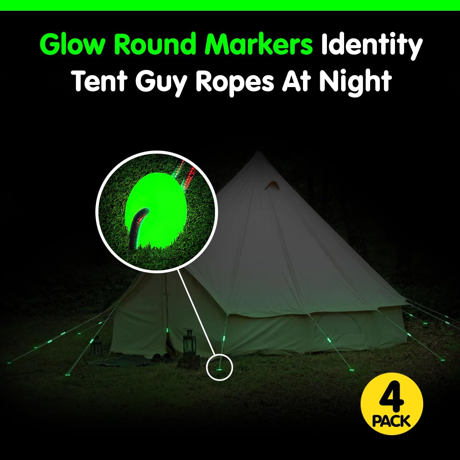 GLO-X Campers Essential Glow Pack - Powerful Glow in The Dark Camping Accessories for Tent Campers- 12 Zips/4 Round/4 Straight Markers