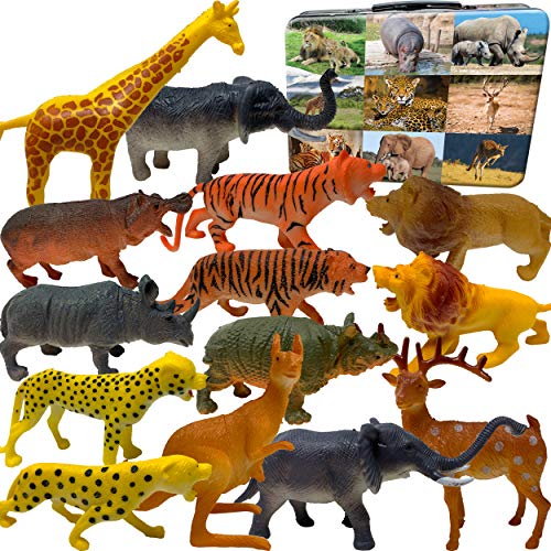3 Bees & Me Safari Animals Animal Toys with Storage Box - 14 Fun Jungle Animal Zoo Toy Figures for Kids with Cool Case and Fun Facts