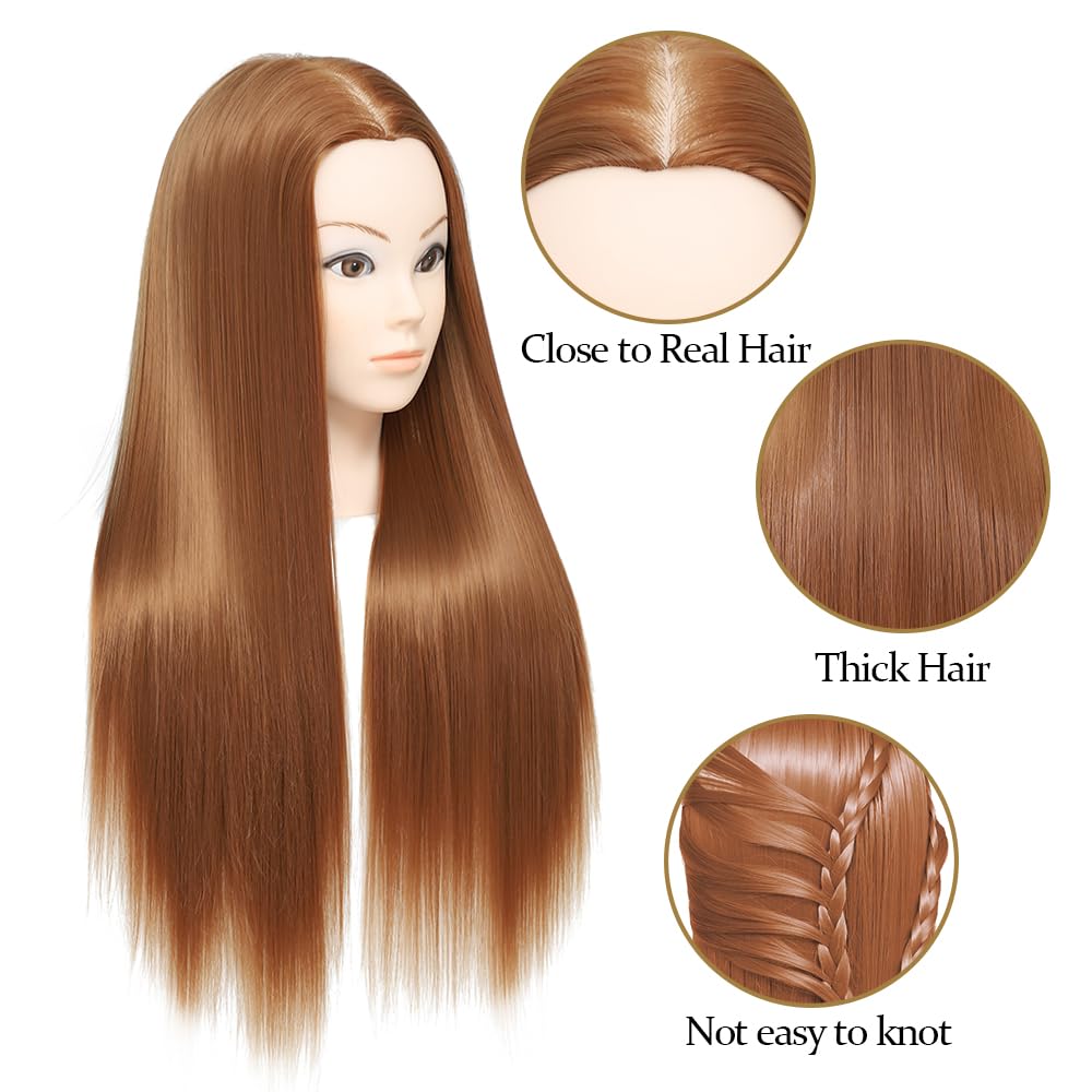 Testa di manichino cosmetologico per parrucchiere con capelli lunghi in fibra sintetica 26-28", set di trecce a morsetto 30 pezzi