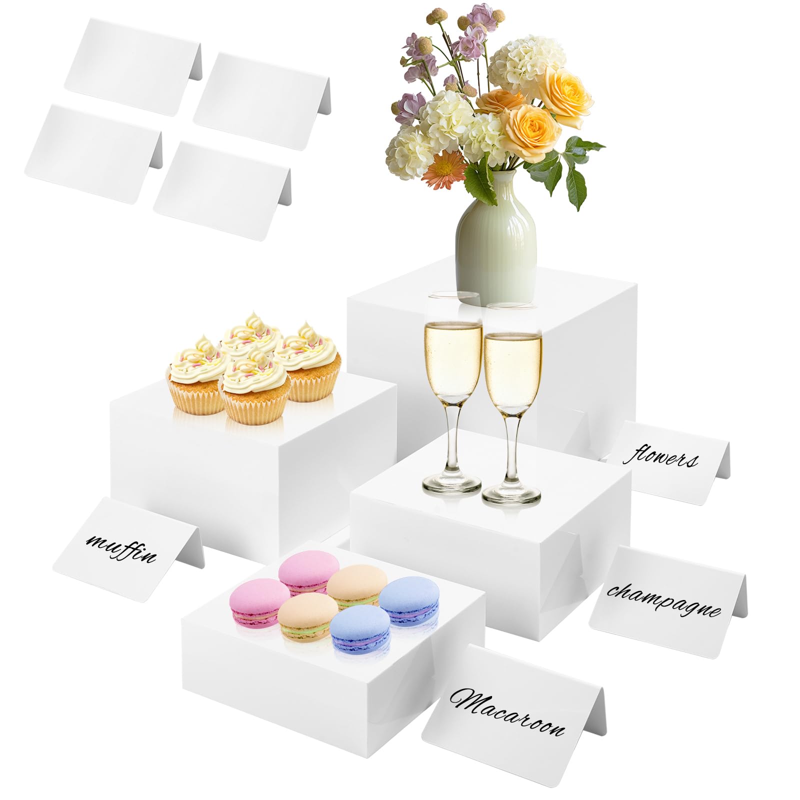 4PSC - Elevadores de buffet, elevadores de alimentos de acrílico blanco para mesa de buffet, estante de exhibición de diferentes tamaños, cubos elevadores con parte inferior hueca para