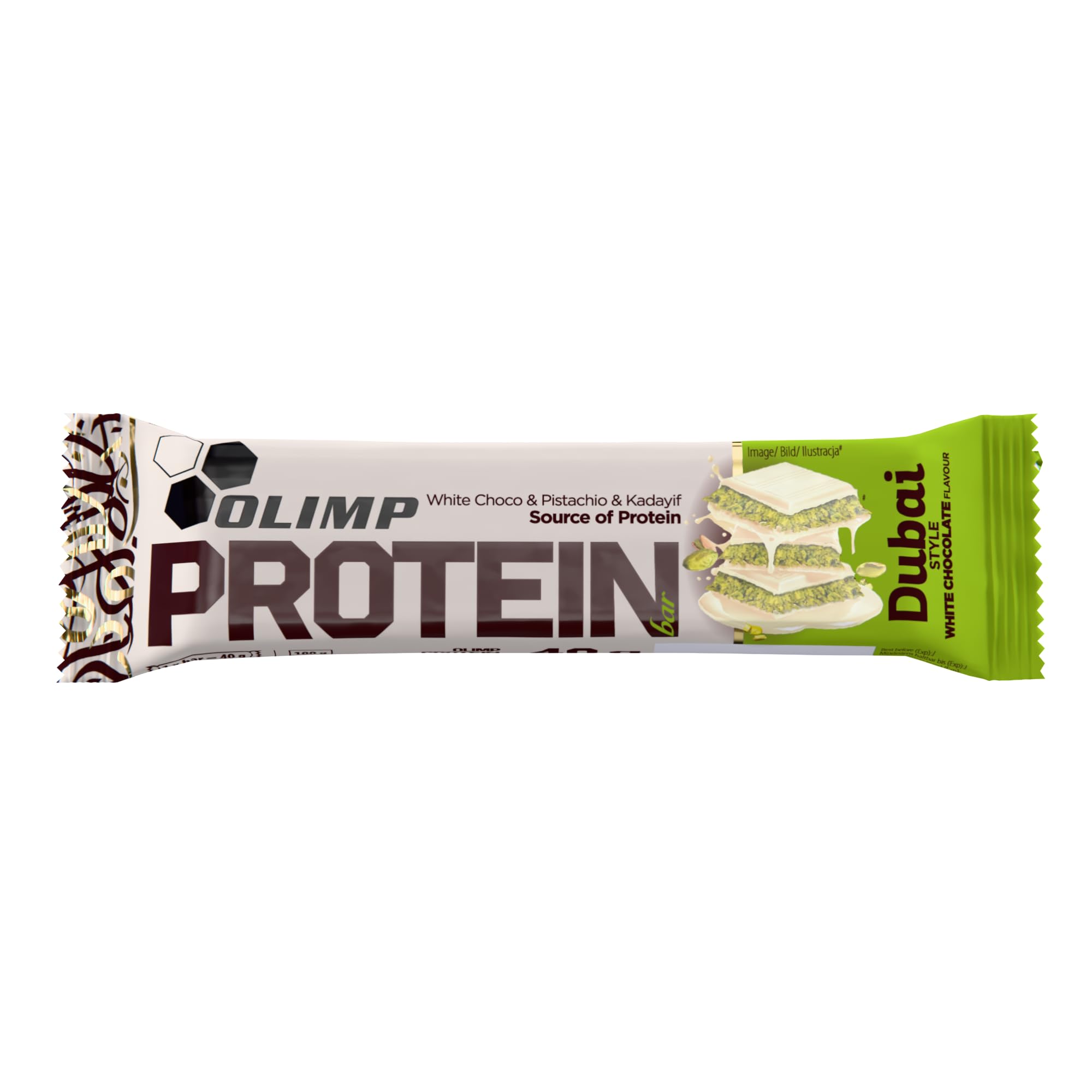 OLIMP Barre Proteinée Chocolat blanc de Dubaï & Pistache – Pack 25 x 40 g – Snack Protéiné Gourmand (chocolat blanc et pistache)