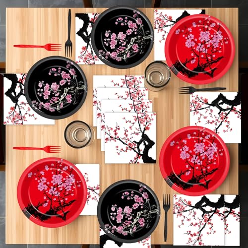 Image of 96Pcs Hibachi Party Decorations Chinese Japanese Cherry Blossom Tableware Sets Cherry Flowers Party Plates and Napkins for Hibachi New Year Spring Festival Wedding Supplies for 24 Guests