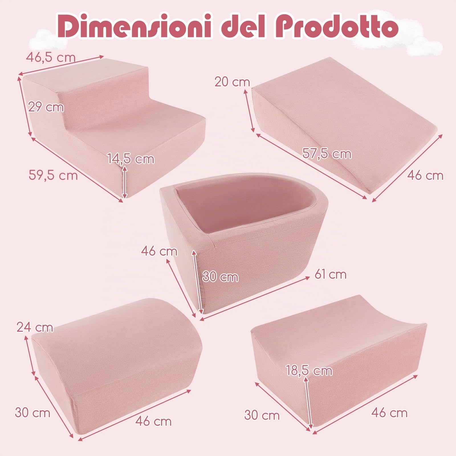 RELAX4LIFE Divano Modulare per Bambini 5 Pezzi, Divano da Gioco Convertibile per Arrampicarsi, Blocchi di Costruzione Morbido per Bambini 3+ Anni (ROSA)