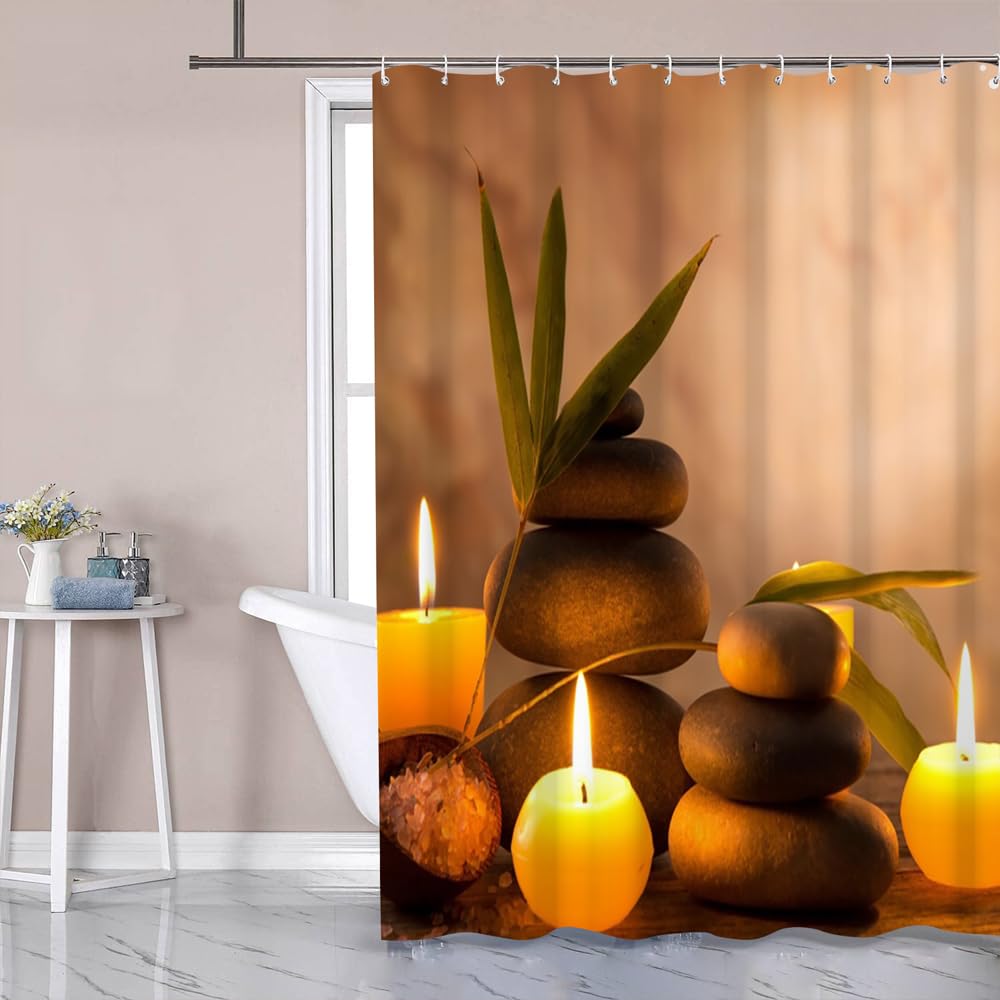 Uiiooazy Cortina de ducha marrón, cortina de ducha Zen hojas de bambú spa guijarros cortina de ducha antimoho impermeable tela de poliéster opaca cortina de baño con 12 ganchos para baño 180 x 200 cm