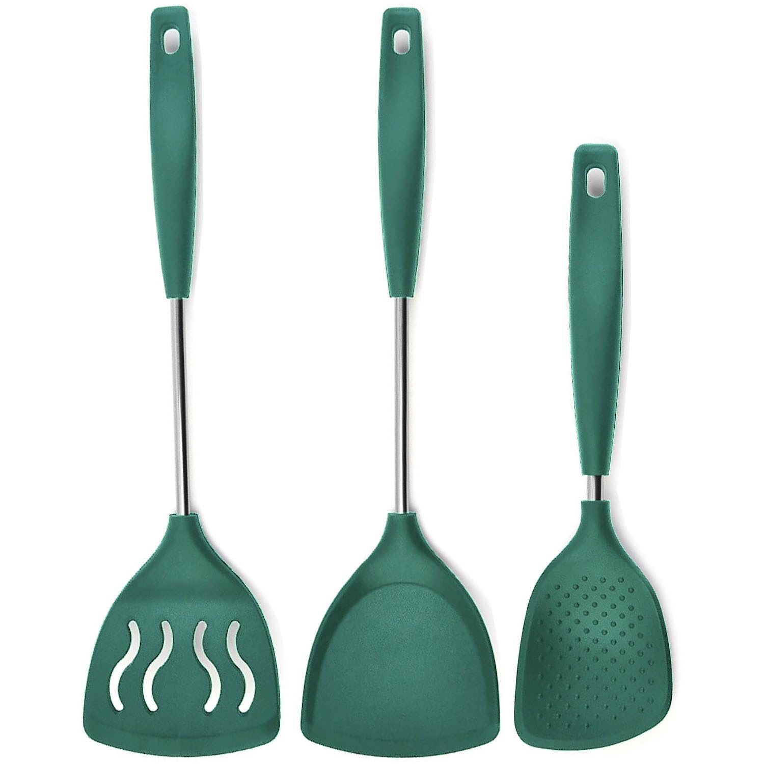 P-Plus International Rice Spoons for Serving Rice Scooper Slotted Fish Turner Steel Dosa Karandi Kitchen Spatula Set Rice Punja Rice Paddle Spatulas Spatula Set for Non Stick Pan (Set of 3, Green)