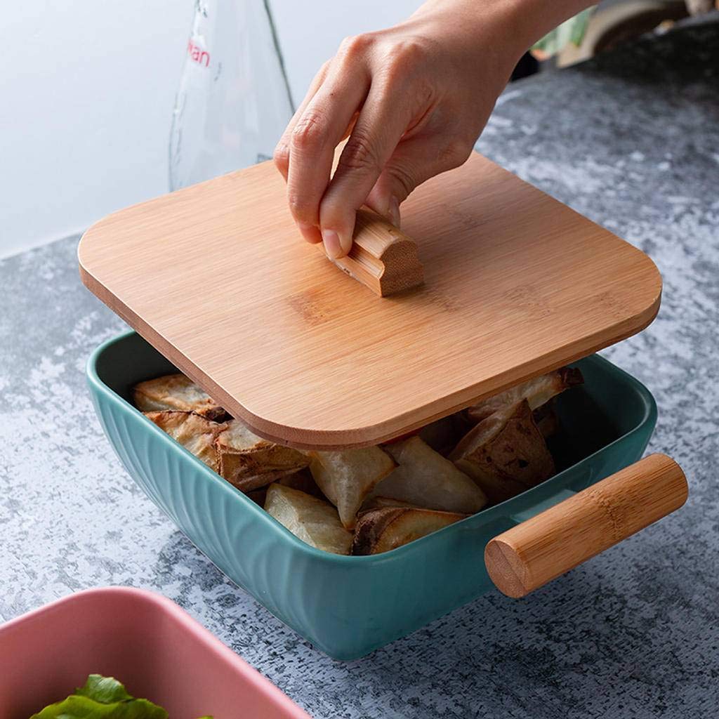 Suppenschüsseln mit Griff, Keramik im japanischen Stil Anti-Verbrühung Große Kapazität mit Holzdeckel Obstsalat Grün-1100ML
