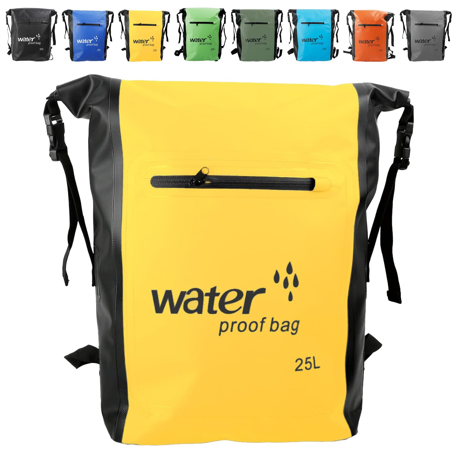 MORAINJAY 25L Waterproof Backpack with Pocket,Large Captity Yellow Dry Bag with Long Adjustable Shoulder Strap,500D PVC Reinforced Design Dry Sack for Camping,Swimming,Hiking&Outdoor Adventures