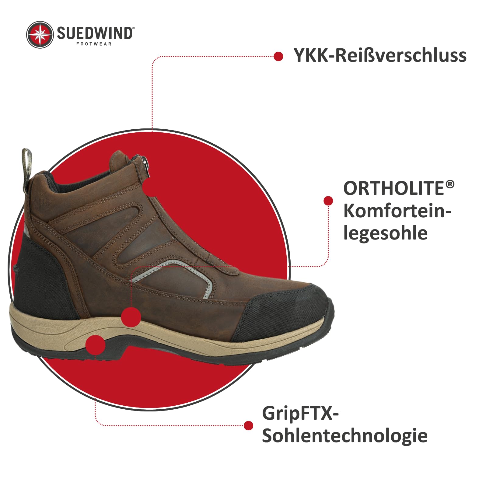SUEDWIND FOOTWEAR Reitstiefeletten Field FZ GripFTX – Unisex Leder-Stiefeletten – Stall & Gelände Allwetterstiefeletten – Front-Zipper, Micro-Dry-Futter, GripFTX-Sohle – chocolate – 36-46