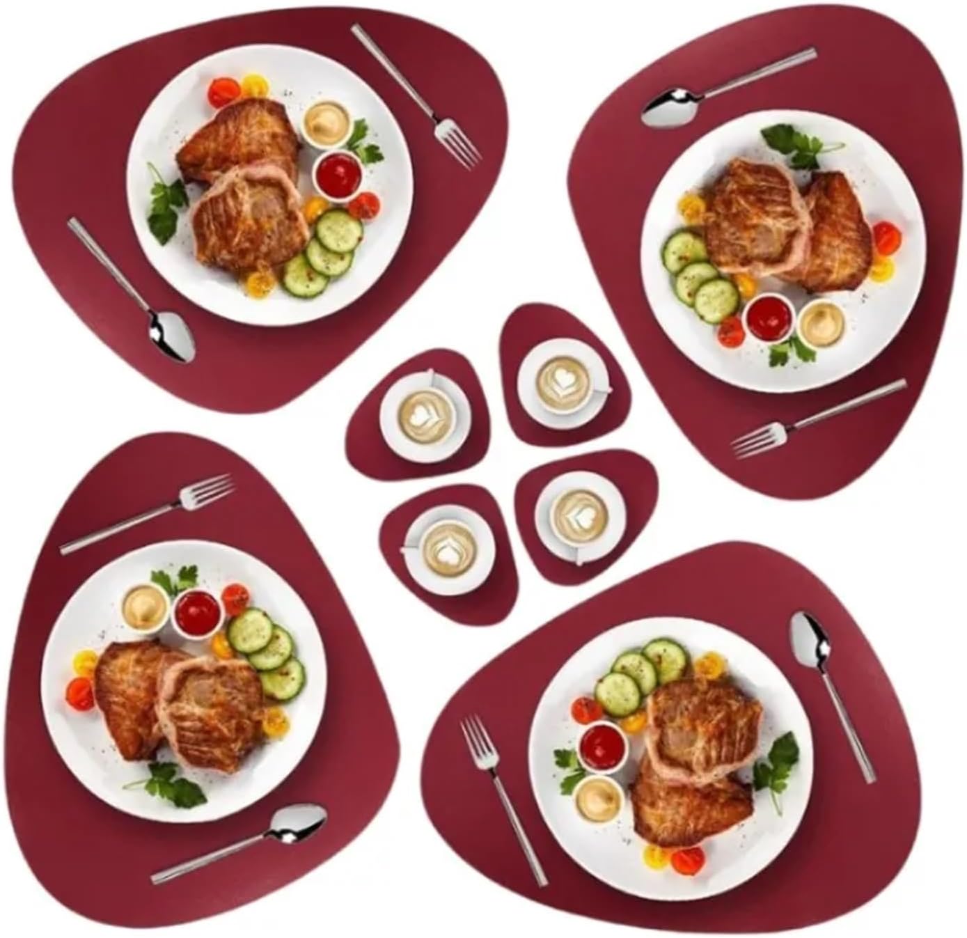 Placemats and Coasters Red Burgundy Triangle Round Faux Leather Kitchen Dining Table Place Mats(CD Green,4sets)