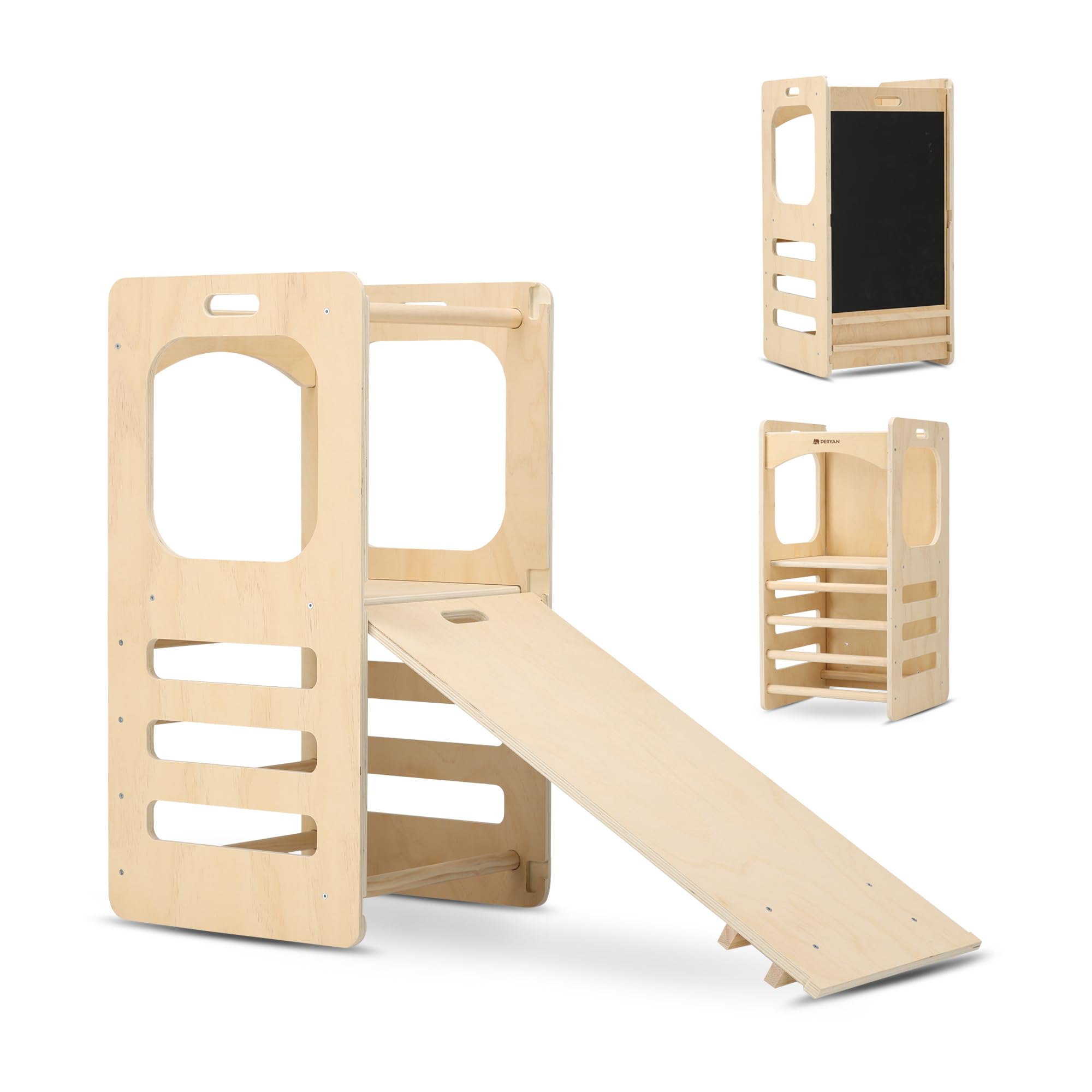 Deryan Tour d Observation Enfant Montessori - Stable & Sécurisée, Hauteur réglable sur 3 Niveaux - Tour d'apprentissage - Fabriqué en Europe - 90 cm - Learning Tower/Toddler Tower - Naturel