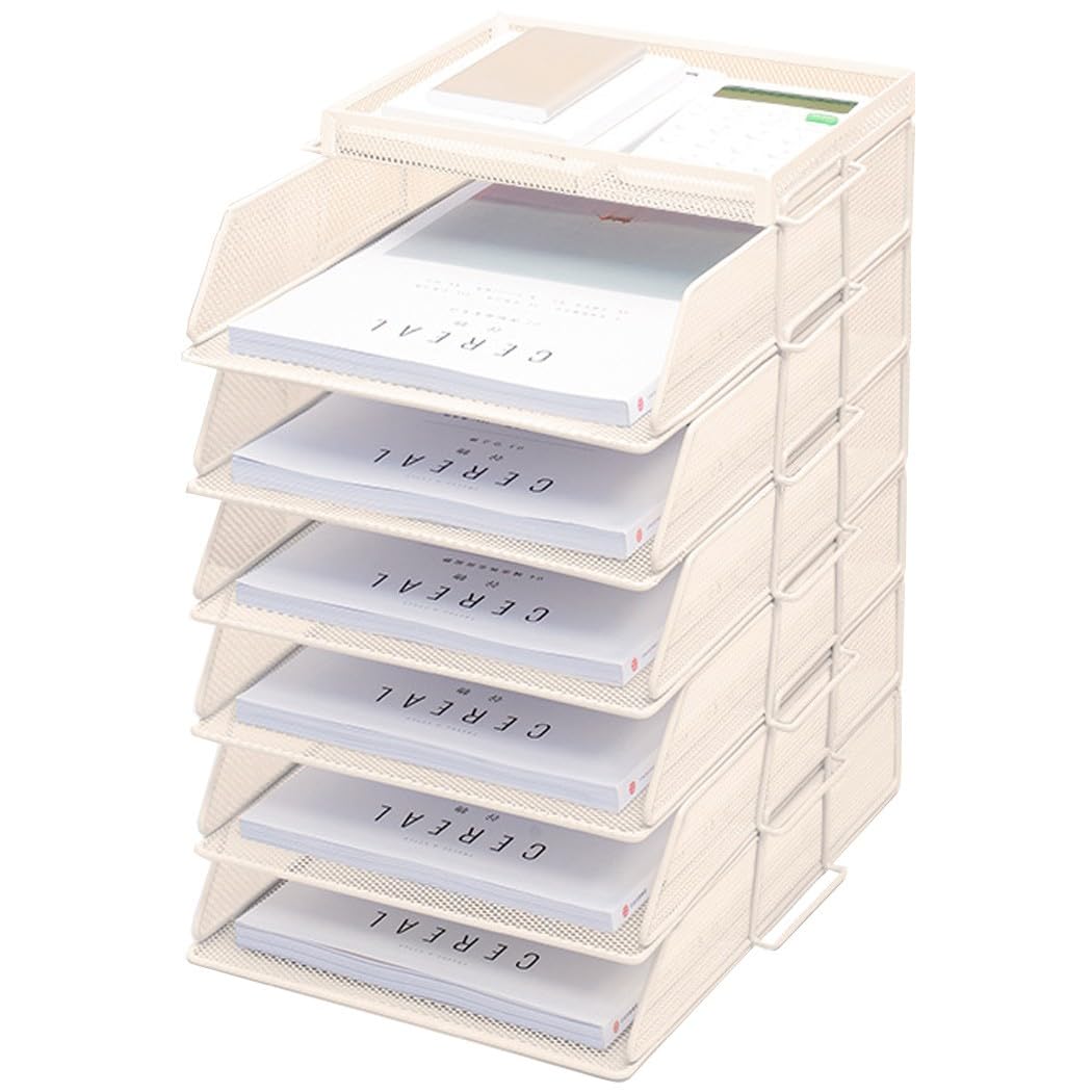 ZESLIV Desk Organiser with File Holder, 6-Tier Letter Tray with Drawer and Top Box, Mesh Desk File Organiser with Magazine Holder for Office Organiser, Beige