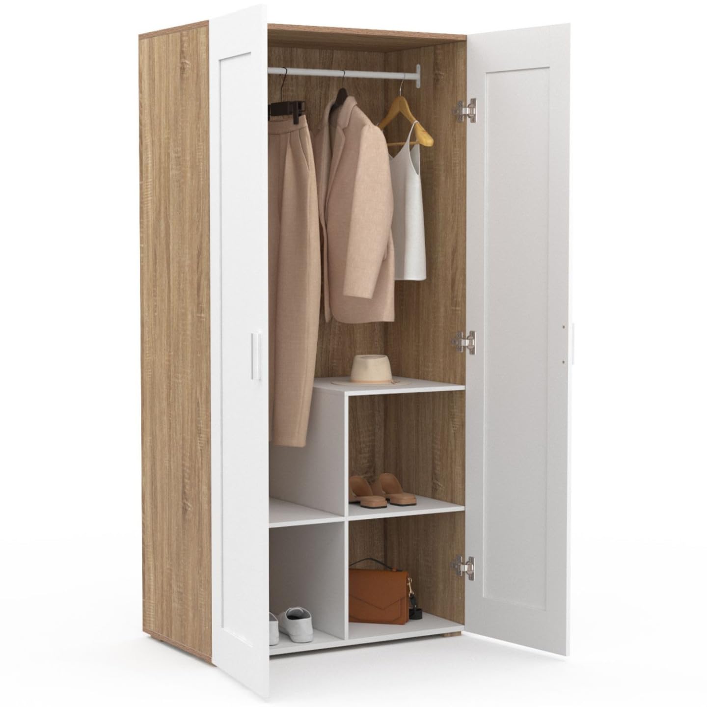 IDMarket - Armario de 2 puertas VITO blanco y madera con barra interior de 80 cm con estantes. Almacenamiento de máxima capacidad