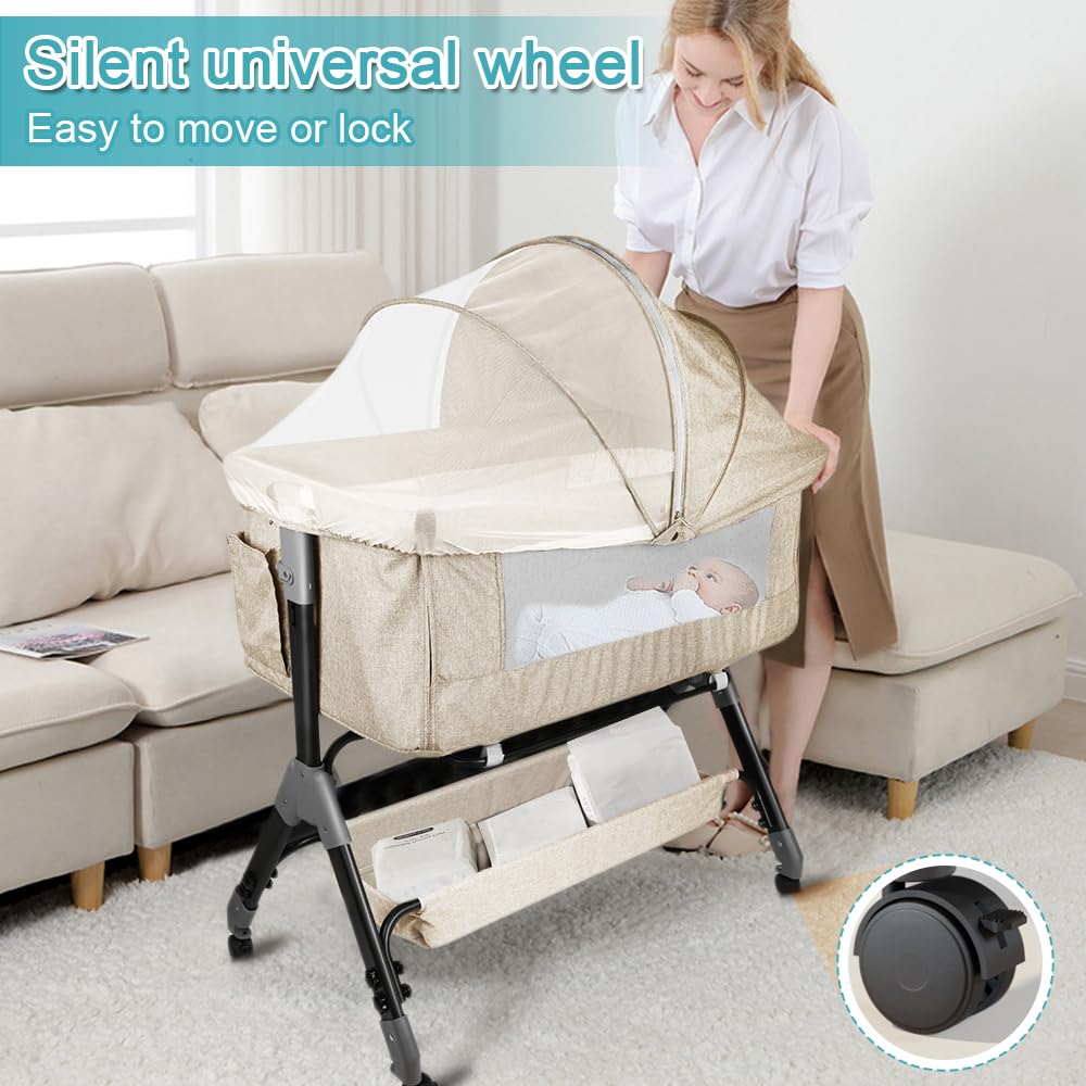 OHMG 3 en 1 Berceau Cododo pour Bébé Réglable avec Matelas Moelleux et Moustiquaire 4 Roues, 1-36 Mois (Blanc de Riz 104x52x103-115cm)